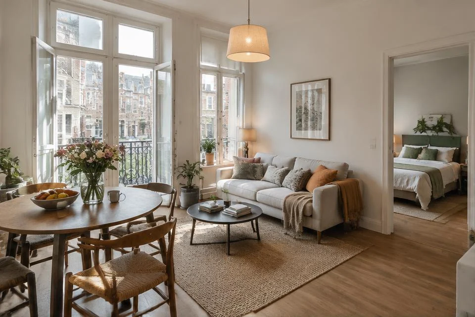 Illustratief beeld van de woonruimte en slaapkamer van een vakantiewoning