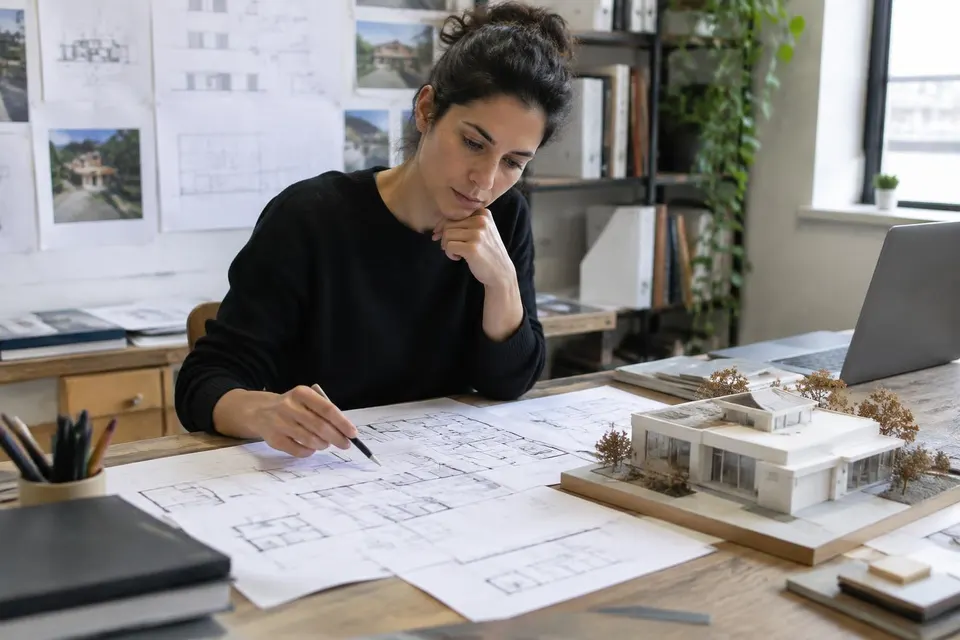 Illustratief beeld van een architect die plannen en een maquette bekijkt