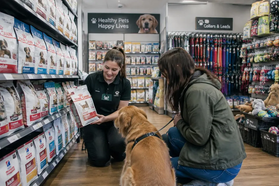 Illustratief beeld van een dierenwinkel met advies voor een klant en hond