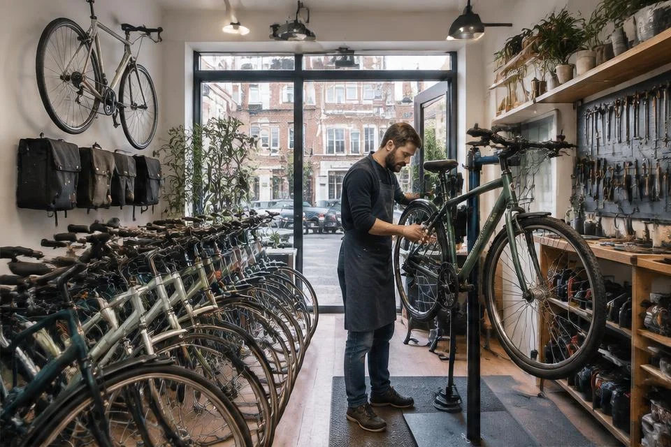 Illustratief beeld van een fietsenwinkel met fietsen en een werkplaats