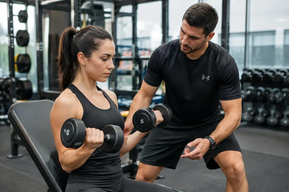 Illustratief beeld van een personal trainer die een klant begeleidt