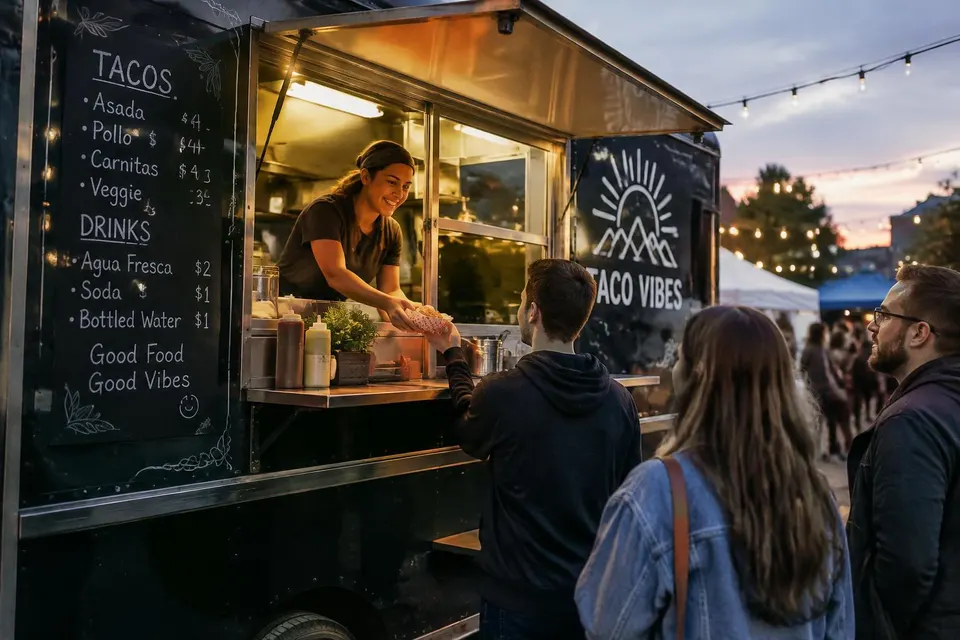 Illustratief beeld van een foodtruck die klanten bedient op een event
