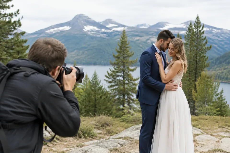 Illustratief beeld van een fotograaf tijdens een huwelijksshoot