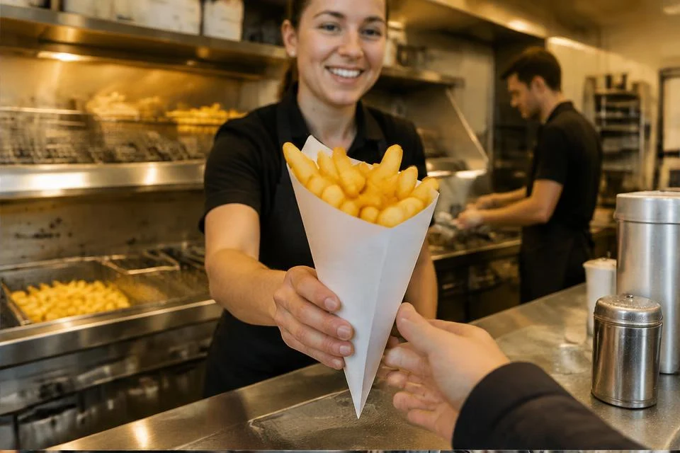 Illustratief beeld van een frituurmedewerker die een puntzak frieten serveert