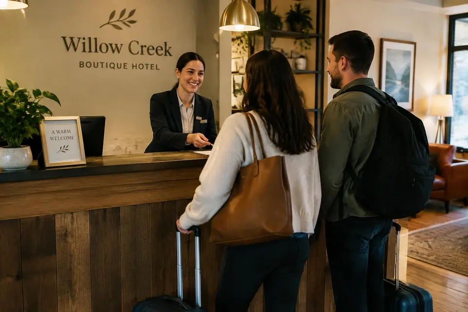 Illustratief beeld van een hotelreceptie die gasten verwelkomt