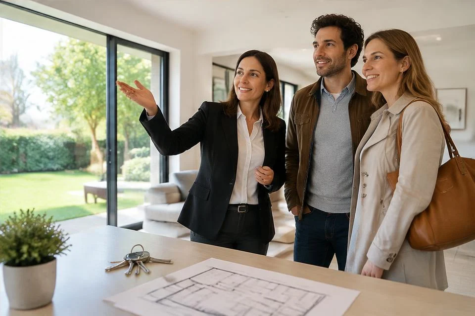 Illustratief beeld van een vastgoedmakelaar tijdens een woningbezoek