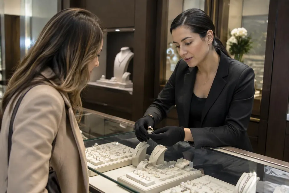 Illustratief beeld van een juwelier die ringen toont aan een klant