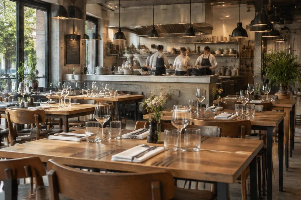 Illustratief beeld van een restaurantzaal met gedekte tafels en open keuken