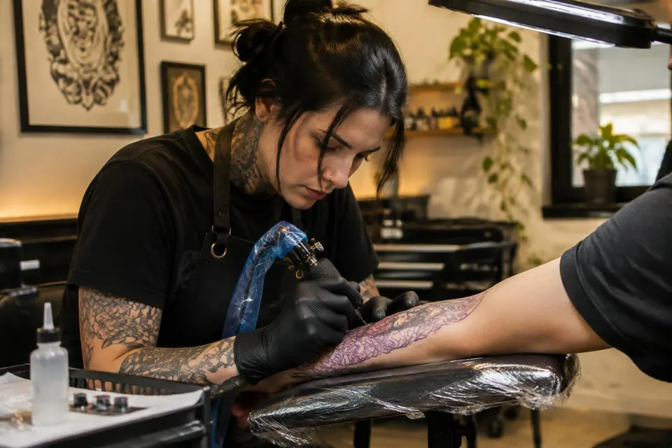 Illustratief beeld van een tattooartiest aan het werk in een studio