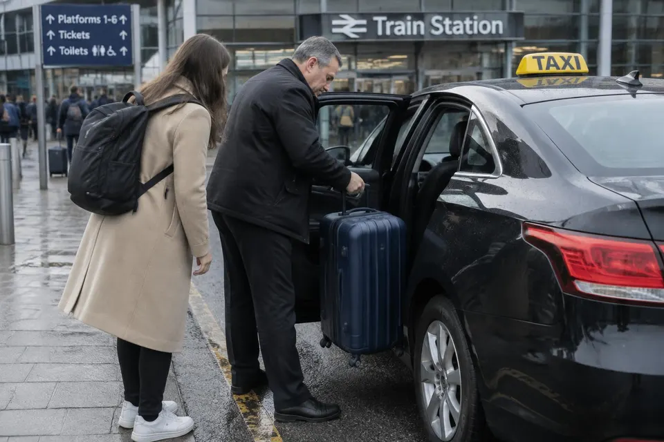 Illustratief beeld van een taxichauffeur die bagage inlaadt