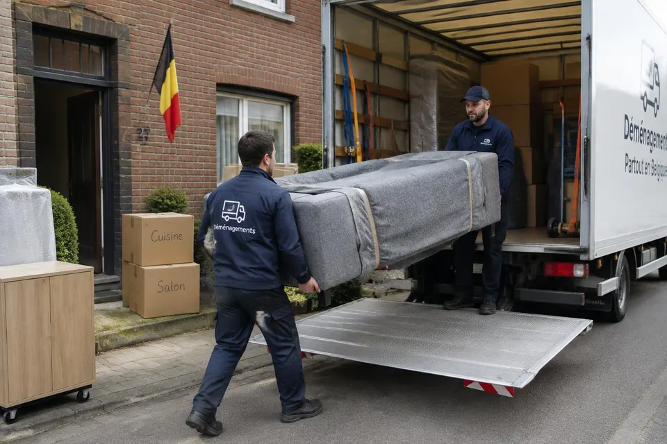 Illustratief beeld van verhuizers die een zetel in een verhuiswagen laden