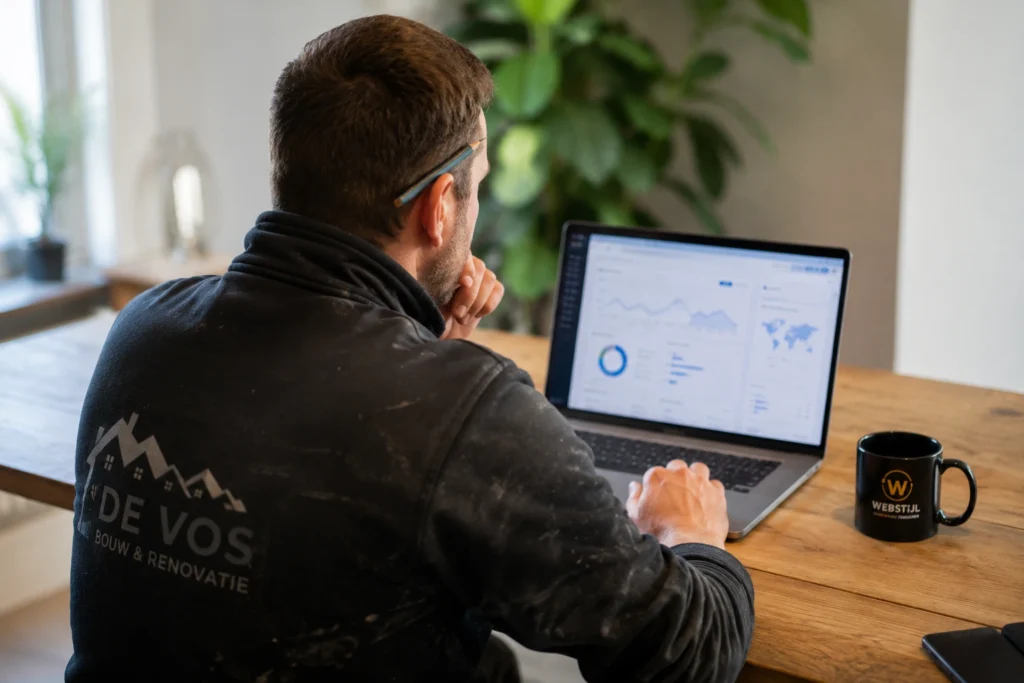 Vakman bekijkt de bezoekersstatistieken van zijn website op zijn laptop