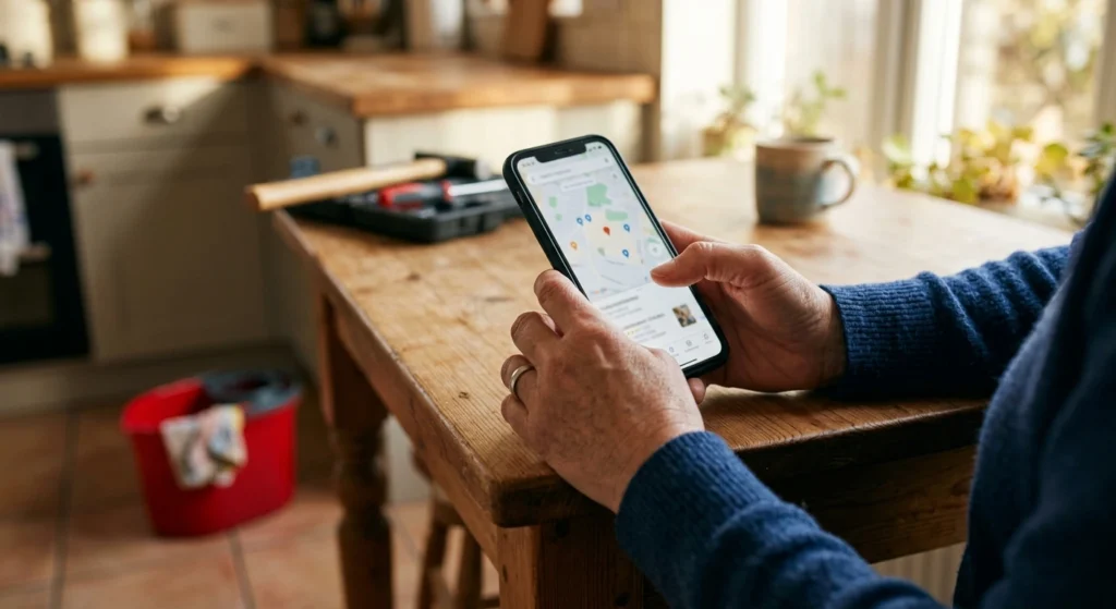 Hoe word je als vakman beter gevonden op Google? beter gevonden Klant zoekt op zijn smartphone een vakman in de buurt via Google die beter gevonden wil worden