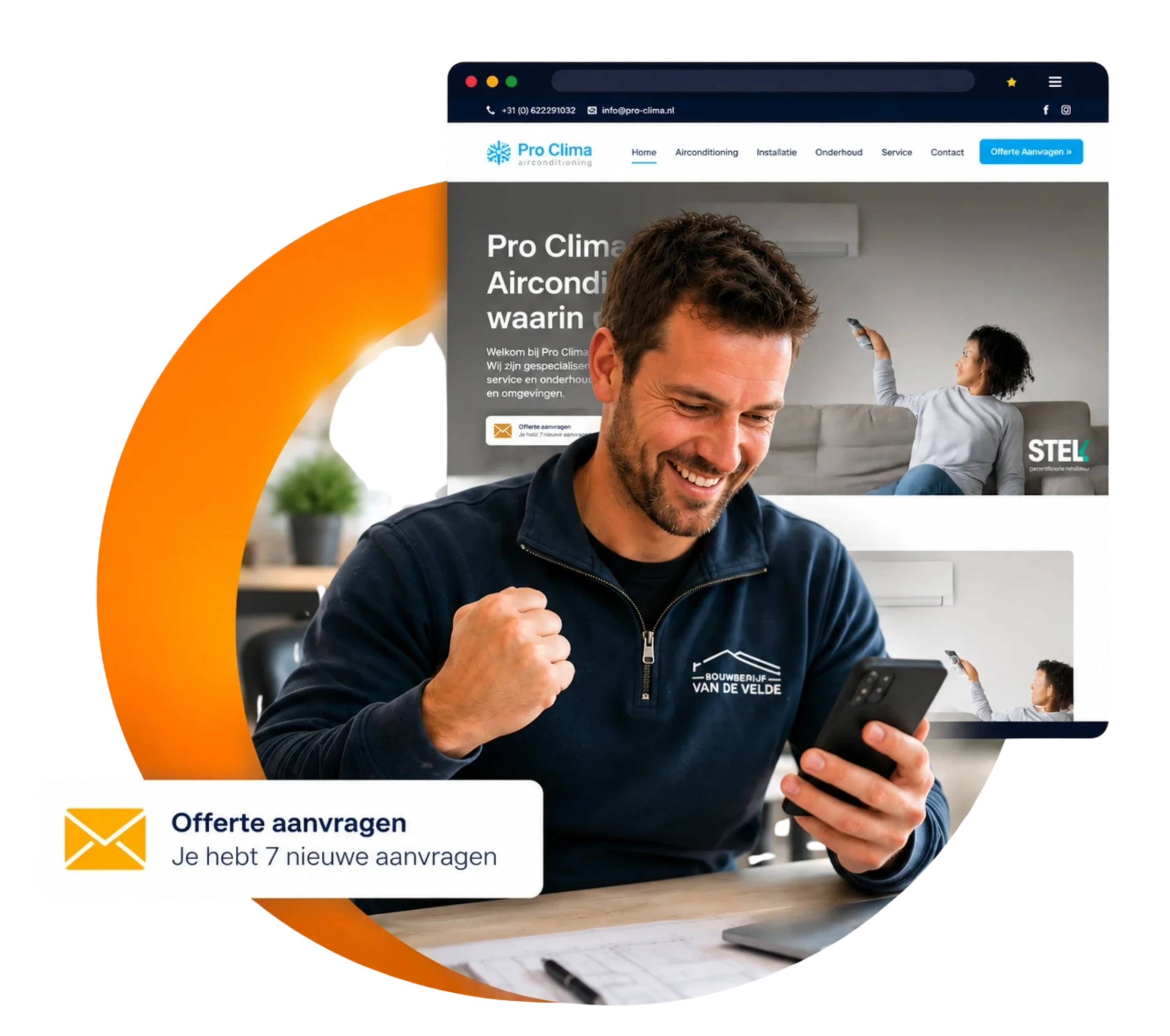 Vakman die offertes ontvangt op zijn smartphone dankzij WEBSTIJL