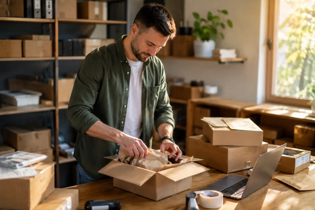 Ondernemer die een webshop wilt starten bereidt de verzending van pakket voor